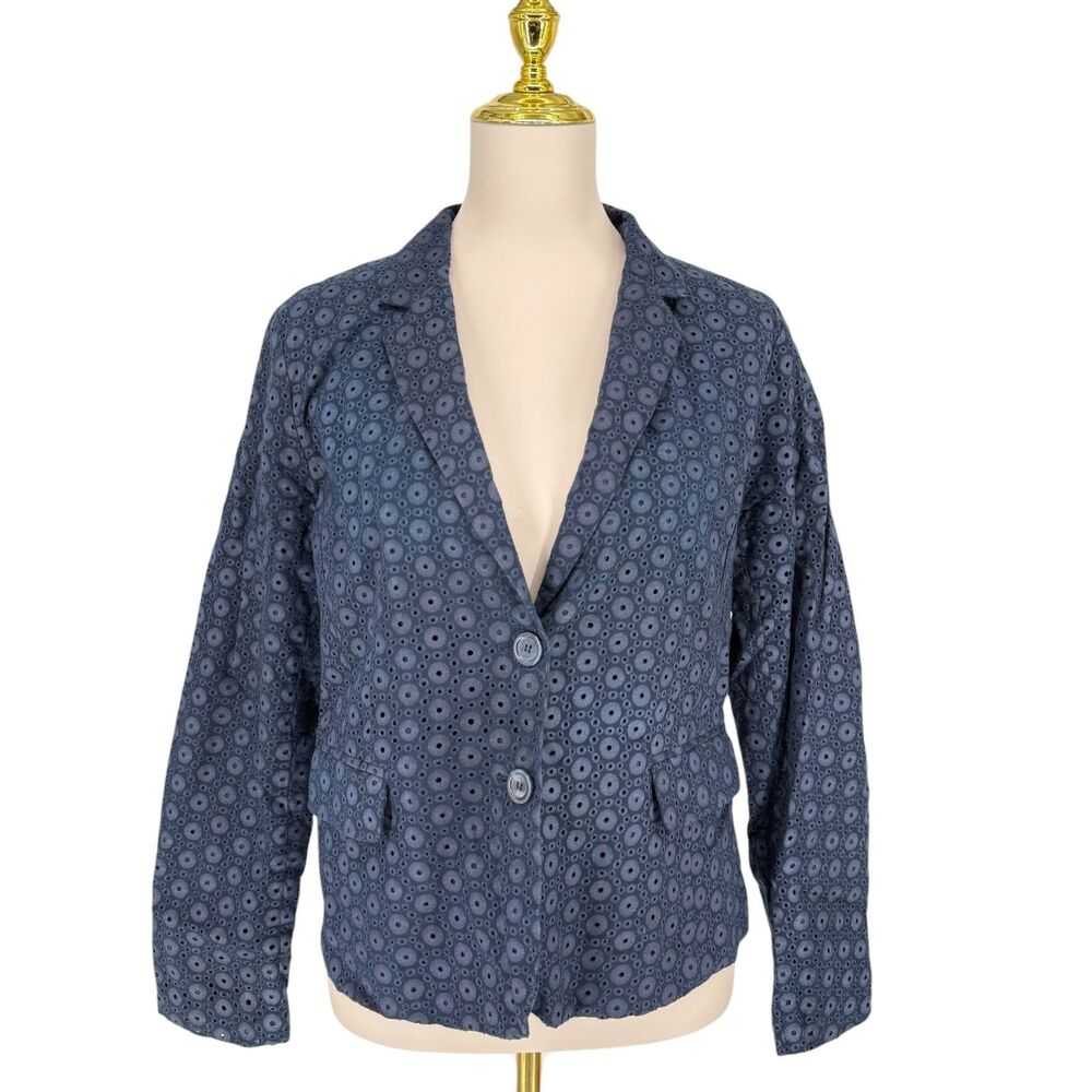 Cynthia Rowley Eyelet Blazer L Blue Cotton Floral Cutout Jacket Pocket Cottage - Picture 2 of 10